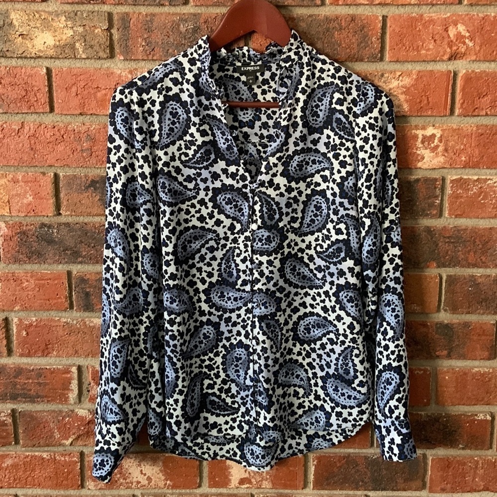Express Blue Paisley Long Sleeve Blouse